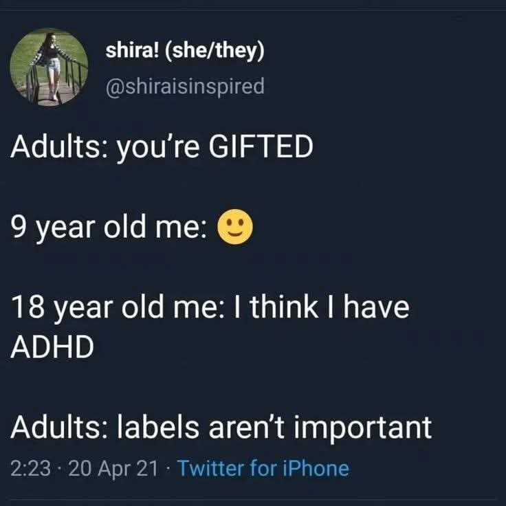 shira! (she/they) @shiraisinspired Adults: you're GIFTED 9 year old me: 18 year old me: I think I have ADHD Adults: labels aren't important 2:23-20 Apr 21 ⚫ Twitter for iPhone