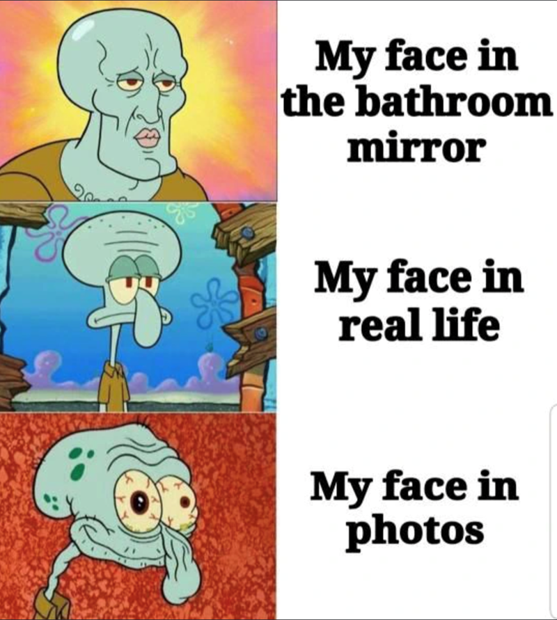 My face in the bathroom mirror My face in real life My face in photos