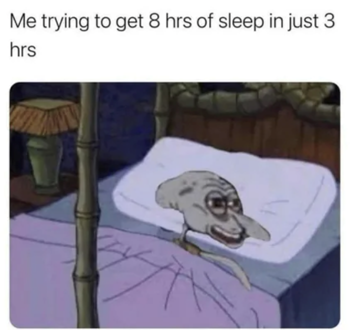 Me trying to get 8 hrs of sleep in just 3 hrs