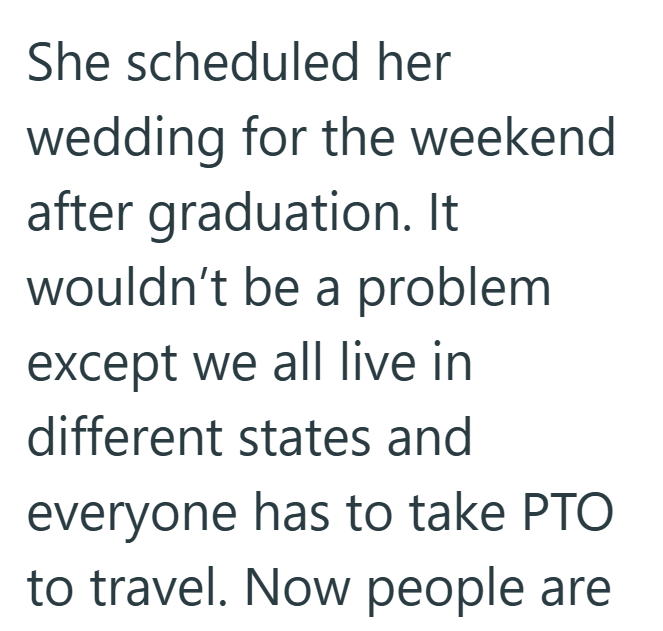 She scheduled her wedding for the weekend after graduation. It wouldn't be a problem except we all live in different states and everyone has to take PTO to travel. Now people are