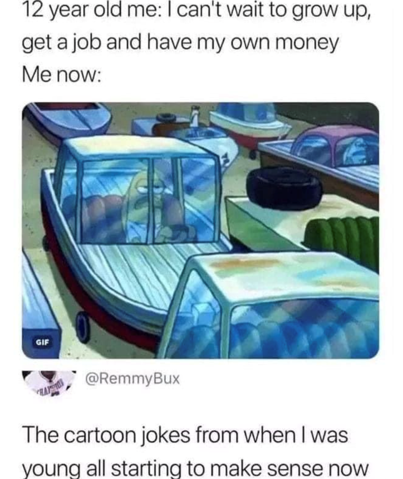 12 year old me: I can't wait to grow up, get a job and have my own money Me now: GIF @RemmyBux The cartoon jokes from when I was young all starting to make sense now