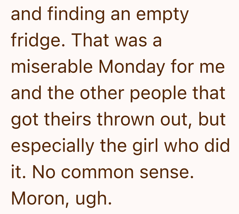 and finding an empty fridge. That was a miserable Monday for me and the other people that got theirs thrown out, but especially the girl who did it. No common sense. Moron, ugh.
