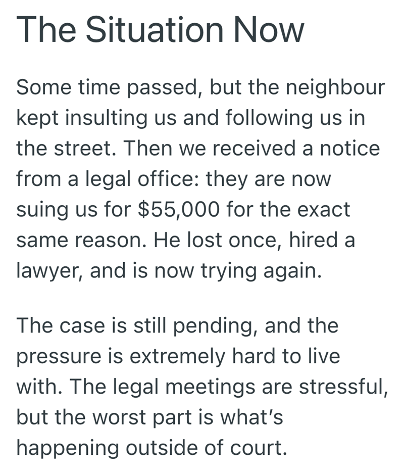 The Situation Now Some time passed, but the neighbour kept insulting us and following us in the street. Then we received a notice from a legal office: they are now suing us for $55,000 for the exact same reason. He lost once, hired a lawyer, and is now trying again. The case is still pending, and the pressure is extremely hard to live with. The legal meetings are stressful, but the worst part is what's happening outside of court.