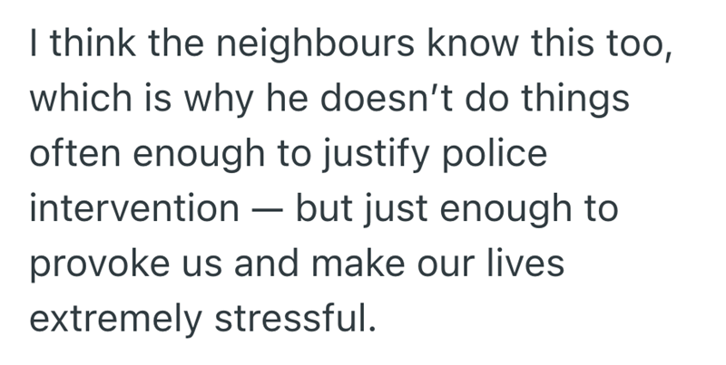 I think the neighbours know this too, which is why he doesn't do things often enough to justify police - intervention but just enough to provoke us and make our lives extremely stressful.