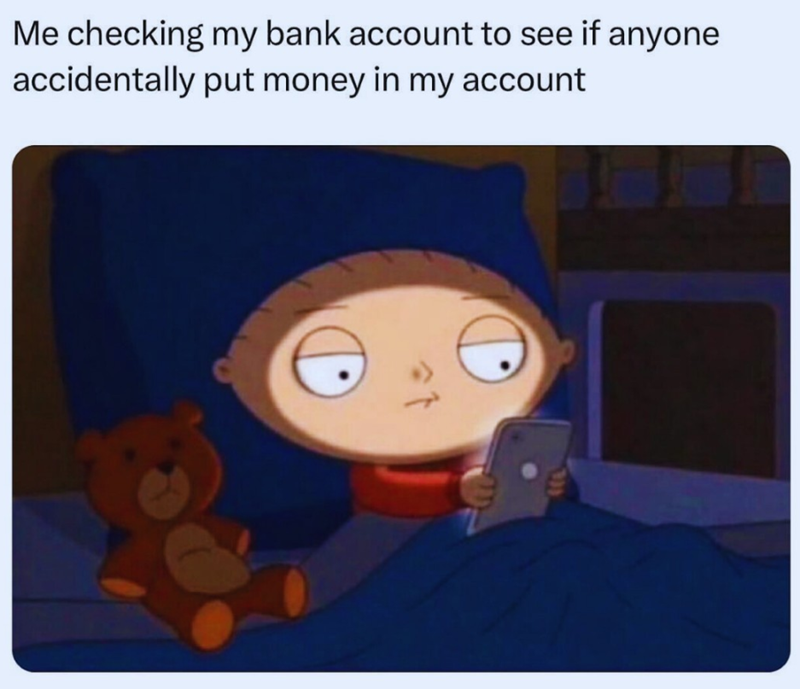 Me checking my bank account to see if anyone. accidentally put money in my account
