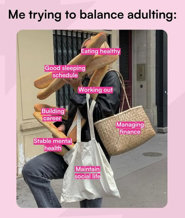 Me trying to balance adulting: Eating healthy Good sleeping schedule Building career Working out Stable mental health Maintain social life Managing finance