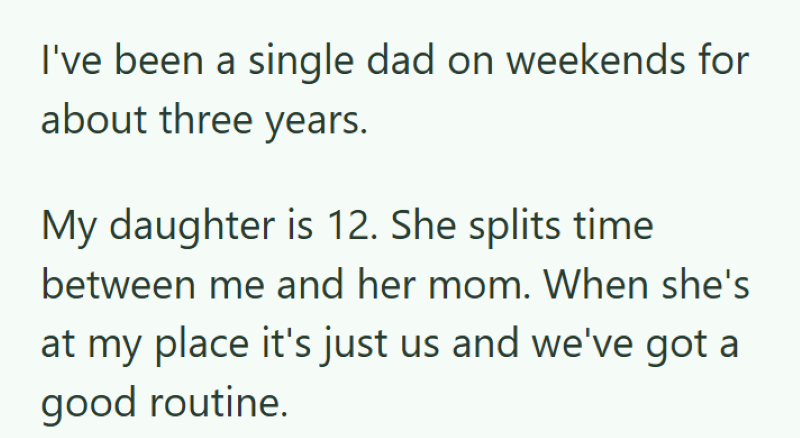I've been a single dad on weekends for about three years. My daughter is 12. She splits time between me and her mom. When she's at my place it's just us and we've got a good routine.