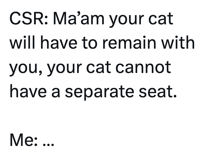 CSR: Ma'am your cat will have to remain with you, your cat cannot have a separate seat. Me: ...
