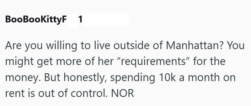 BooBooKittyF 1 Are you willing to live outside of Manhattan? You might get more of her "requirements" for the money. But honestly, spending 10k a month on rent is out of control. NOR