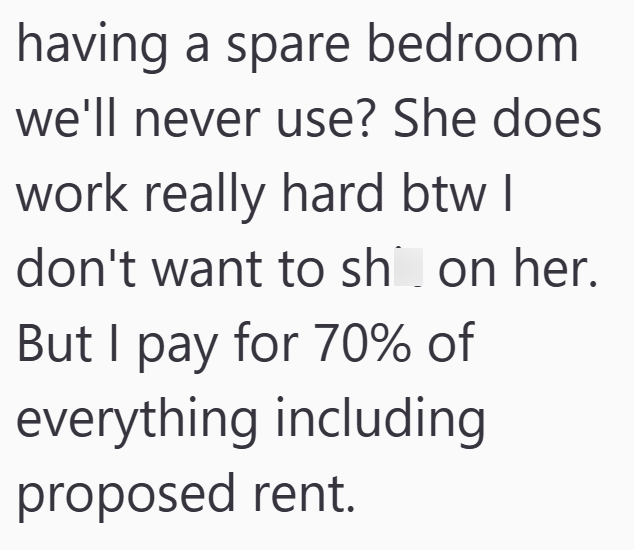 having a spare bedroom we'll never use? She does work really hard btw I don't want to sh on her. But I pay for 70% of everything including proposed rent.