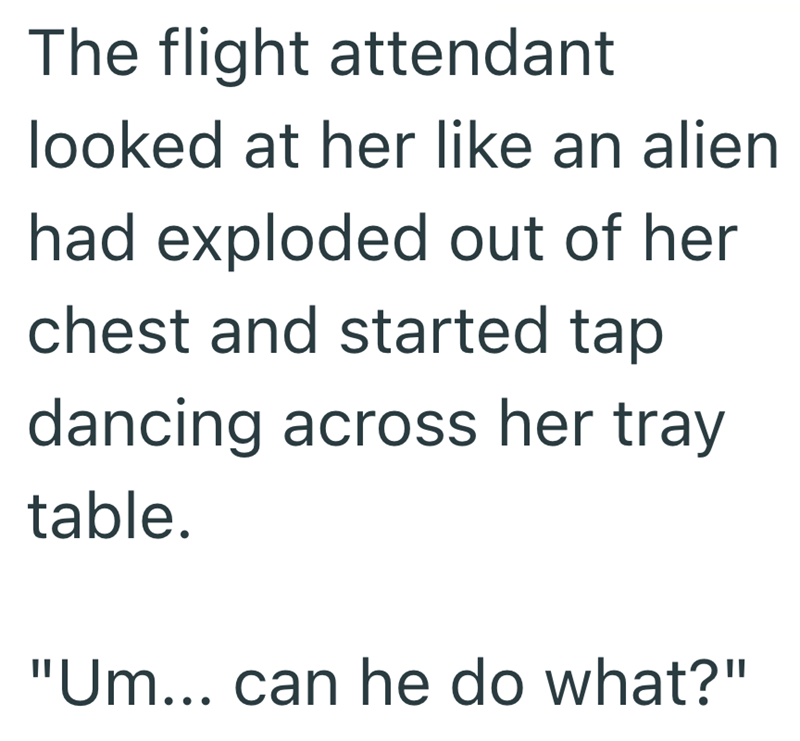 The flight attendant looked at her like an alien had exploded out of her chest and started tap dancing across her tray table. "Um... can he do what?"
