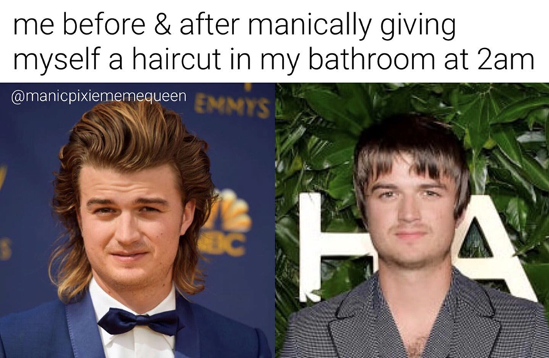 me before & after manically giving myself a haircut in my bathroom at 2am @manicpixiememequeen EMMYS & C HA