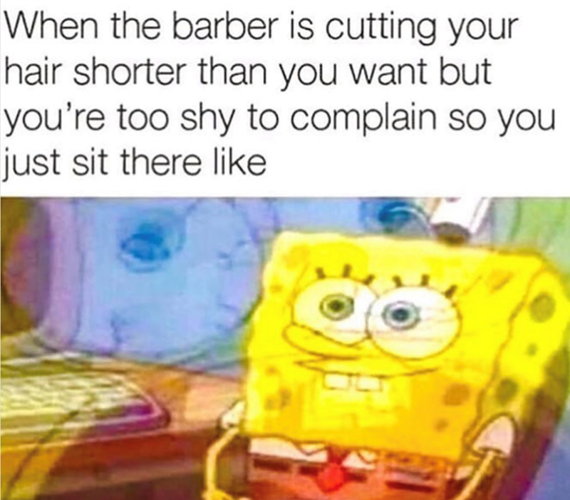 When the barber is cutting your hair shorter than you want but you're too shy to complain so you just sit there like