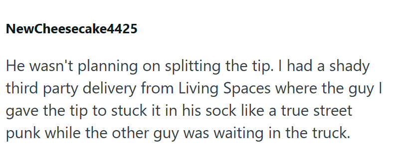 NewCheesecake4425 He wasn't planning on splitting the tip. I had a shady third party delivery from Living Spaces where the guy I gave the tip to stuck it in his sock like a true street punk while the other guy was waiting in the truck.