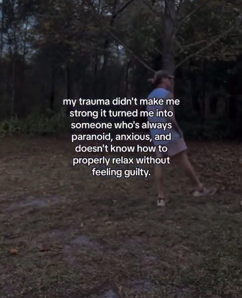my trauma didn't make me strong it turned me into someone who's always paranoid, anxious, and doesn't know how to properly relax without feeling guilty.