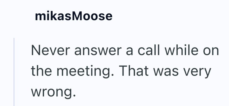 mikasMoose Never answer a call while on the meeting. That was very wrong.
