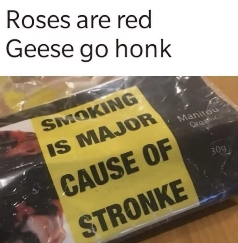 Roses are red Geese go honk SMOKING IS MAJOR CAUSE OF STRONKE Manitou Organic 309