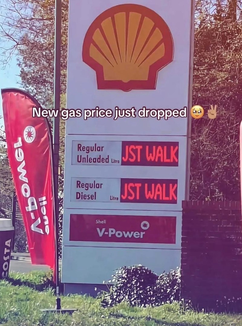 COSTA A-BOMGL New gas price just dropped Regular Unleaded JST WALK Regular Diesel Litro Litre JST WALK lon Shell V-Power