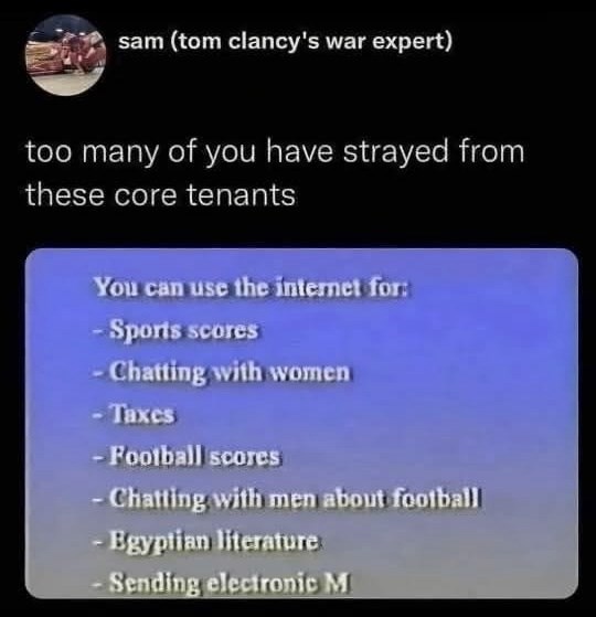 sam (tom clancy's war expert) too many of you have strayed from these core tenants You can use the internet for: - Sports scores - Chatting with women - Taxes - Football scores - Chatting with men about football - Egyptian literature - Sending electronic M