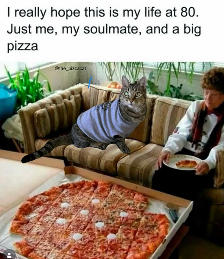 I really hope this is my life at 80. Just me, my soulmate, and a big pizza @the_pizzacat