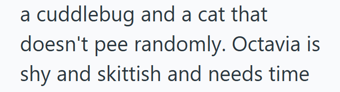 a cuddlebug and a cat that doesn't pee randomly. Octavia is shy and skittish and needs time