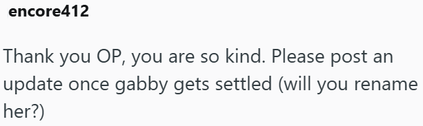 encore412 Thank you OP, you are so kind. Please post an update once gabby gets settled (will you rename her?)