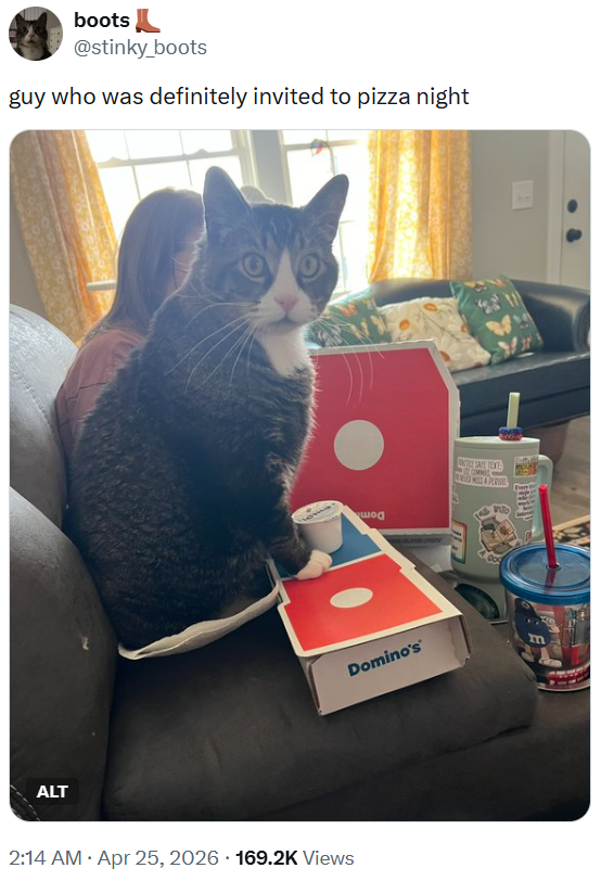 boots @stinky_boots guy who was definitely invited to pizza night ALT . 2:14 AM • Apr 25, 2026 169.2K Views . wod Domino's INCTIE SAFE TEXT COMMA ND MISS A PERIO