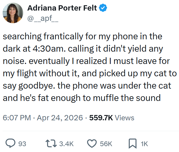 Adriana Porter Felt @___apf__ searching frantically for my phone in the dark at 4:30am. calling it didn't yield any noise. eventually I realized I must leave for my flight without it, and picked up my cat to say goodbye. the phone was under the cat and he's fat enough to muffle the sound 6:07 PM Apr 24, 2026 559.7K Views 93 13.4K 56K ☐ 1K