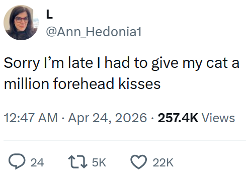 L @Ann_Hedonia1 Sorry I'm late I had to give my cat a million forehead kisses • 12:47 AM Apr 24, 2026 257.4K Views 24 17 5K 22K