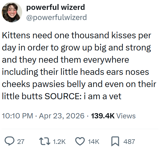 powerful wizerd @powerfulwizerd Kittens need one thousand kisses per day in order to grow up big and strong and they need them everywhere including their little heads ears noses cheeks pawsies belly and even on their little butts SOURCE: i am a vet 10:10 PM Apr 23, 2026 139.4K Views 27 1.2K 14K 487