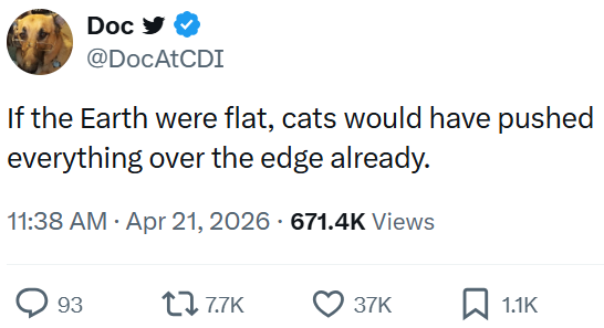 Doc @DocAtCDI If the Earth were flat, cats would have pushed everything over the edge already. 11:38 AM • Apr 21, 2026 671.4K Views 93 17.7K 37K ☐ 1.1K