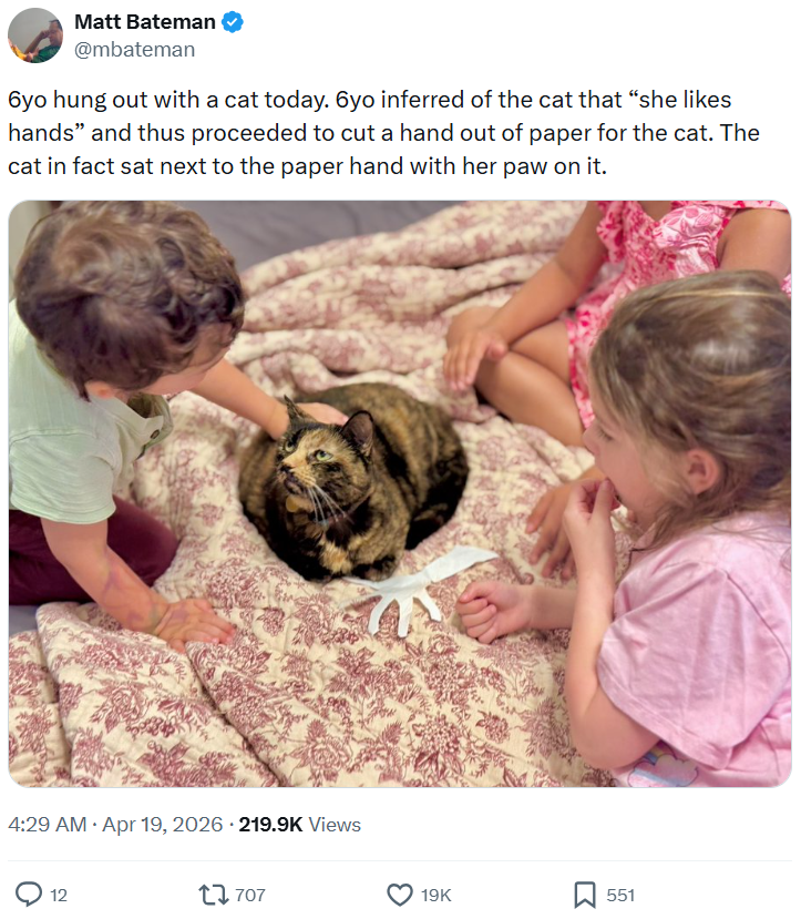 Matt Bateman @mbateman 6yo hung out with a cat today. 6yo inferred of the cat that "she likes hands" and thus proceeded to cut a hand out of paper for the cat. The cat in fact sat next to the paper hand with her paw on it. 4:29 AM • Apr 19, 2026 .219.9K Views 12 1707 19K 551