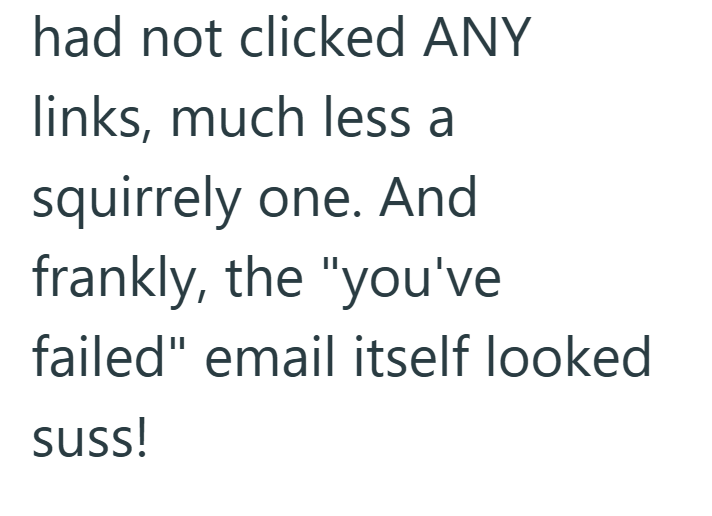 had not clicked ANY links, much less a squirrely one. And frankly, the "you've failed" email itself looked suss!