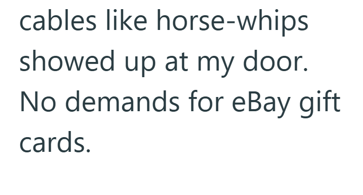 cables like horse-whips showed up at my door. No demands for eBay gift cards.