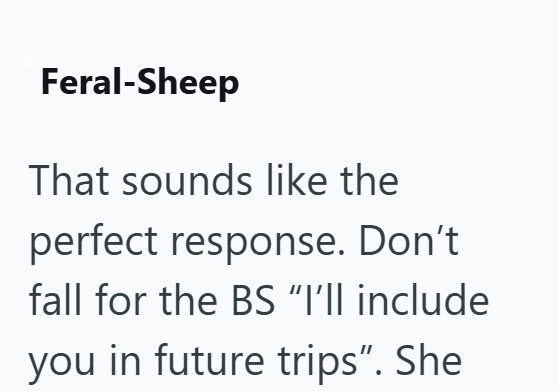 Feral-Sheep That sounds like the perfect response. Don't fall for the BS "I'll include you in future trips". She