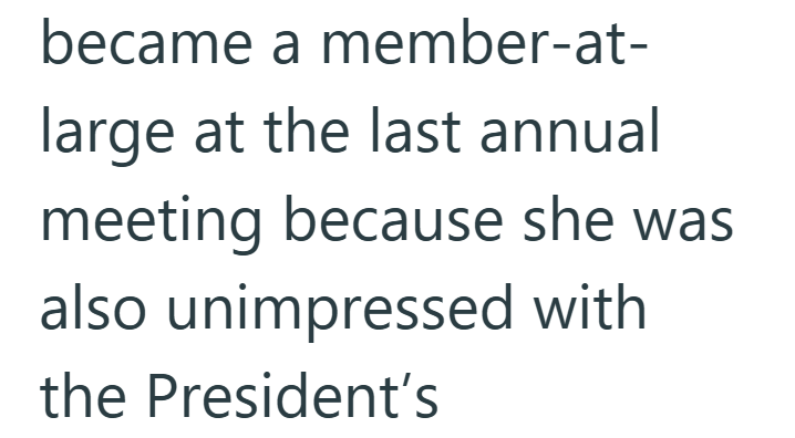 became a member-at- large at the last annual meeting because she was also unimpressed with the President's