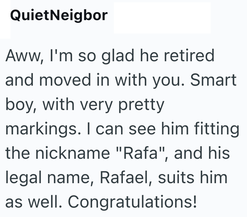 QuietNeigbor Aww, I'm so glad he retired and moved in with you. Smart boy, with very pretty markings. I can see him fitting the nickname "Rafa", and his legal name, Rafael, suits him as well. Congratulations!