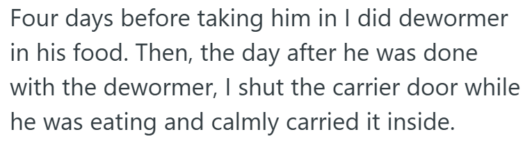 Four days before taking him in I did dewormer in his food. Then, the day after he was done with the dewormer, I shut the carrier door while he was eating and calmly carried it inside.