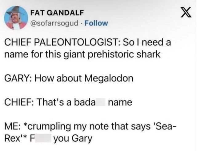 FAT GANDALF @sofarrsogud Follow CHIEF PALEONTOLOGIST: So I need a name for this giant prehistoric shark GARY: How about Megalodon CHIEF: That's a bada name ME: *crumpling my note that says 'Sea- Rex'* F you Gary X