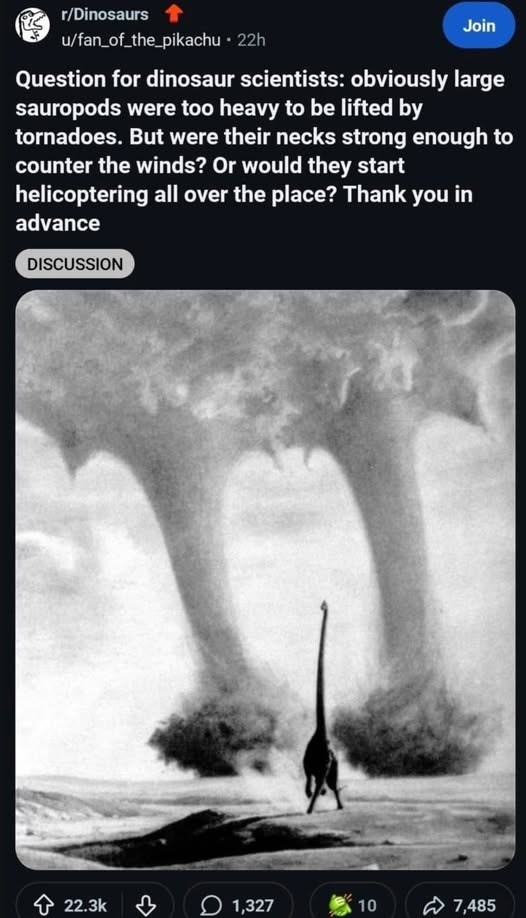 r/Dinosaurs ↑ u/fan_of_the_pikachu • 22h Join Question for dinosaur scientists: obviously large sauropods were too heavy to be lifted by tornadoes. But were their necks strong enough to counter the winds? Or would they start helicoptering all over the place? Thank you in advance DISCUSSION 22.3k 1,327 10 7,485