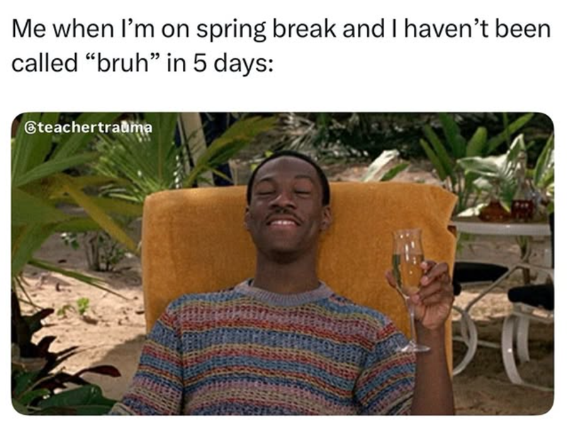Me when I'm on spring break and I haven't been called "bruh" in 5 days: @teachertrauma