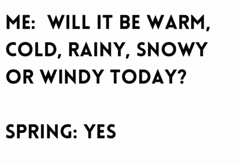 ME: WILL IT BE WARM, COLD, RAINY, SNOWY OR WINDY TODAY? SPRING: YES