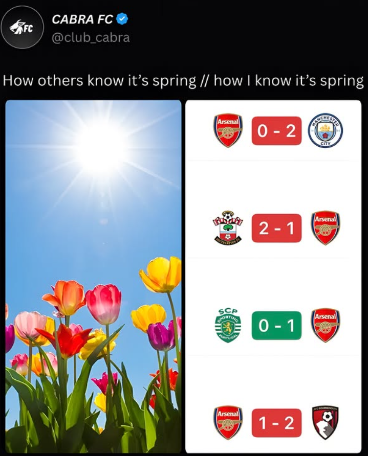 CABRA FC FC @club_cabra How others know it's spring // how I know it's spring Arsenal 0-2 CITY Arsenal 2-1 SCP PORTING Arsenal 0-1 PORTUGAL Arsenal 1-2