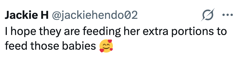 Jackie H @jackiehendo02 0 I hope they are feeding her extra portions to feed those babies