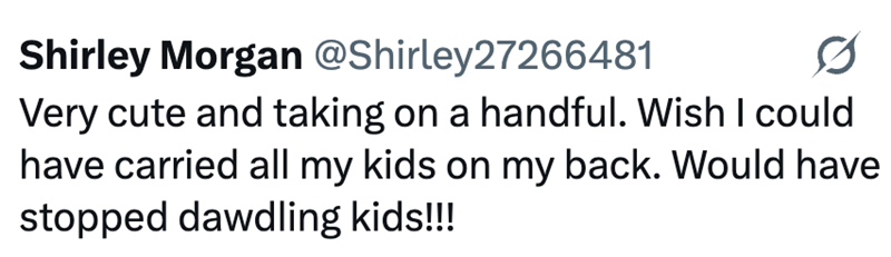 Shirley Morgan @Shirley27266481 0 Very cute and taking on a handful. Wish I could have carried all my kids on my back. Would have stopped dawdling kids!!!