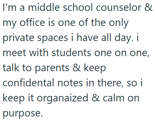 I'm a middle school counselor & my office is one of the only private spaces i have all day. i meet with students one on one, talk to parents & keep confidental notes in there, so i keep it organaized & calm on purpose.