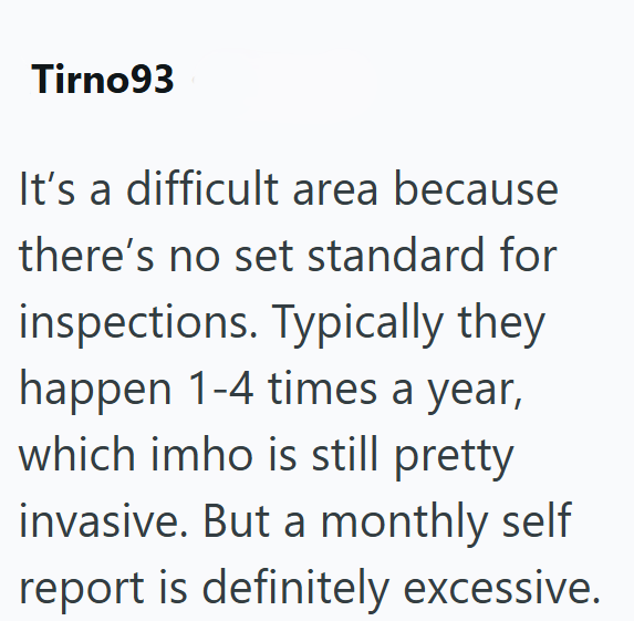 Tirno93 It's a difficult area because there's no set standard for inspections. Typically they happen 1-4 times a year, which imho is still pretty invasive. But a monthly self report is definitely excessive.