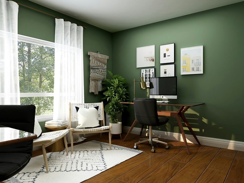 A clean, stylish home office setup with natural light and a calm, organized atmosphere.