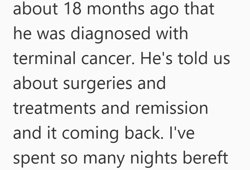 about 18 months ago that he was diagnosed with terminal cancer. He's told us about surgeries and treatments and remission and it coming back. I've spent so many nights bereft