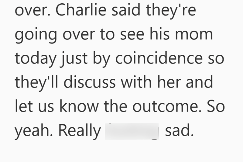 over. Charlie said they're going over to see his mom today just by coincidence so they'll discuss with her and let us know the outcome. So yeah. Really sad.